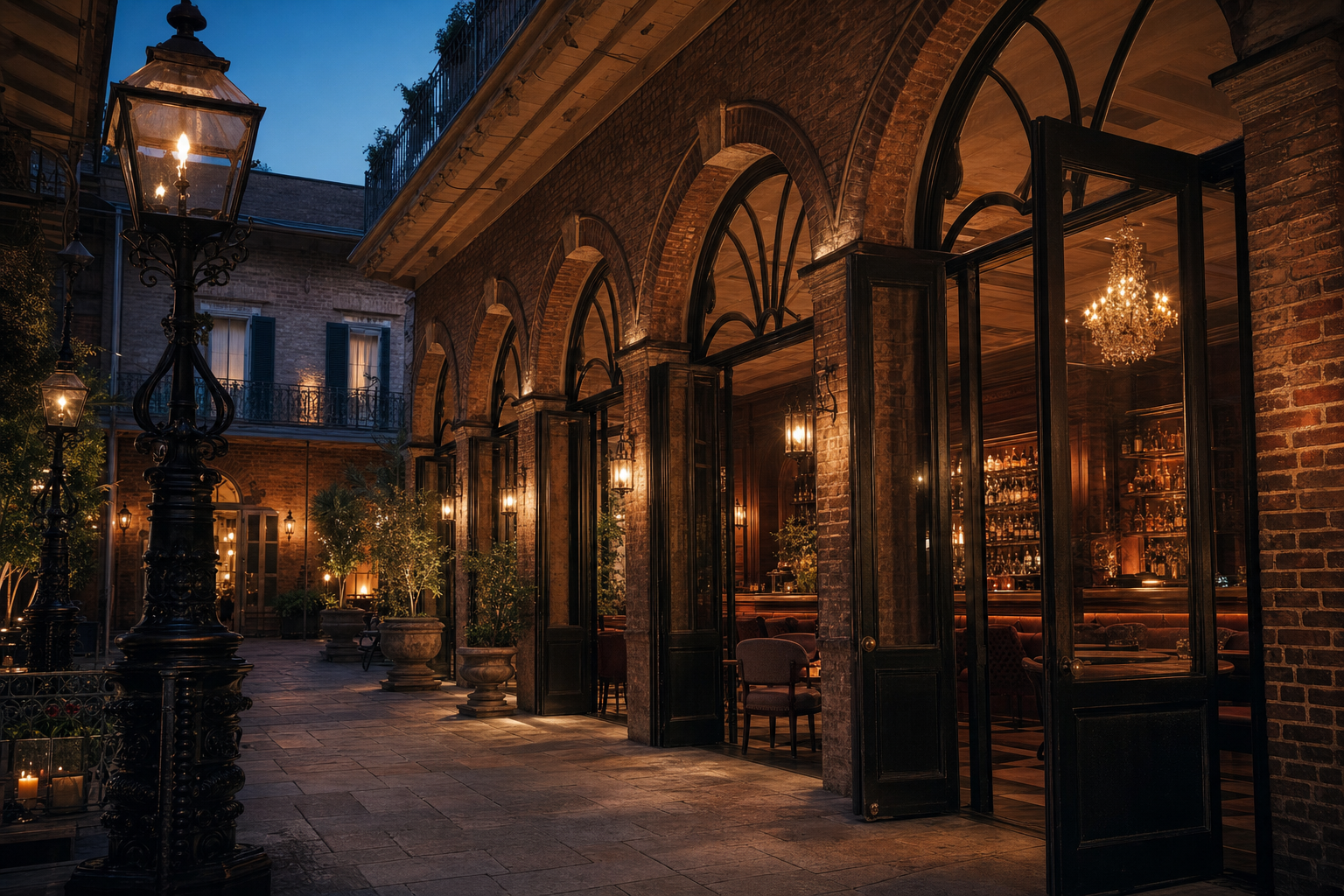 Placeholder: courtyard arrival at blue hour