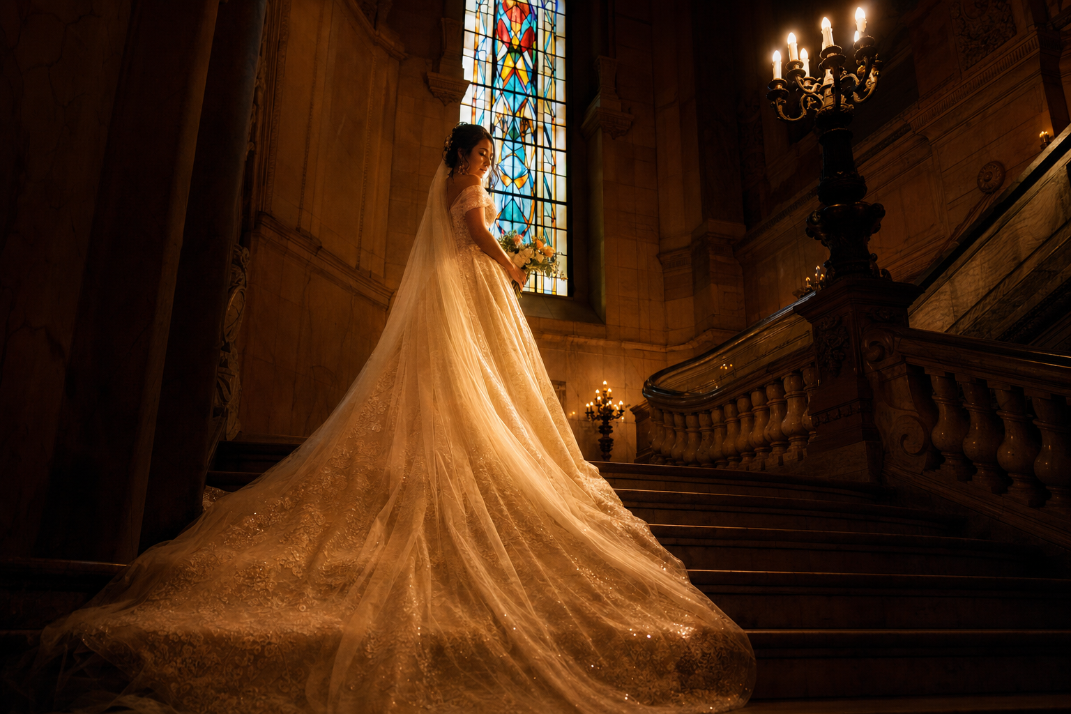 Placeholder: a bride on the staircase