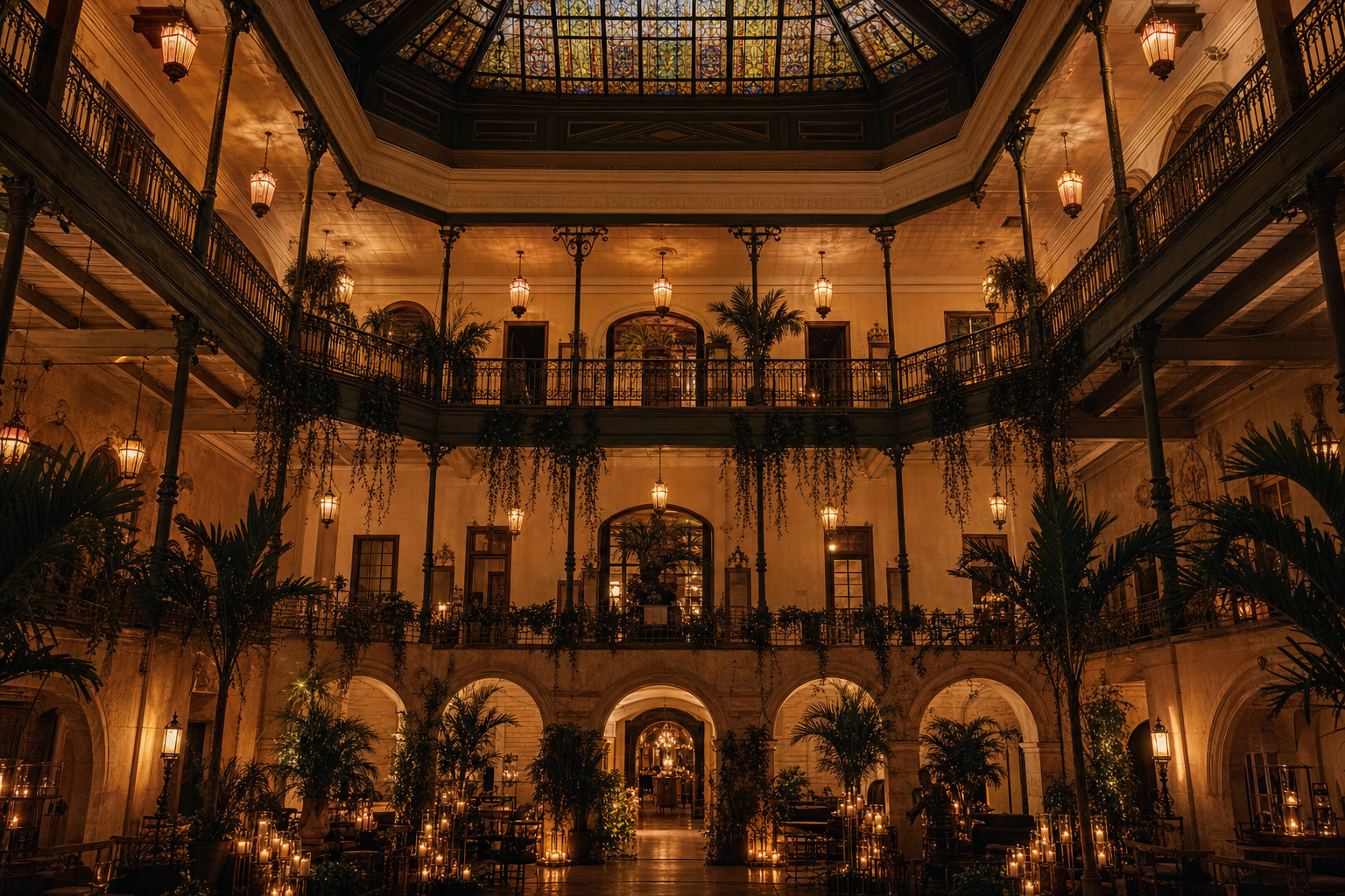 Placeholder: the three-level atrium at night