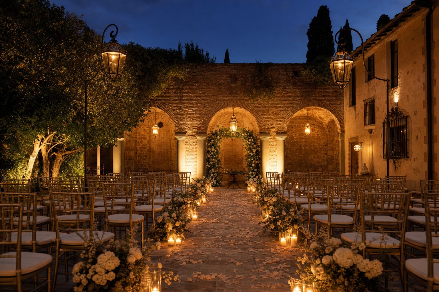 Placeholder: a ceremony set in the courtyard at blue hour