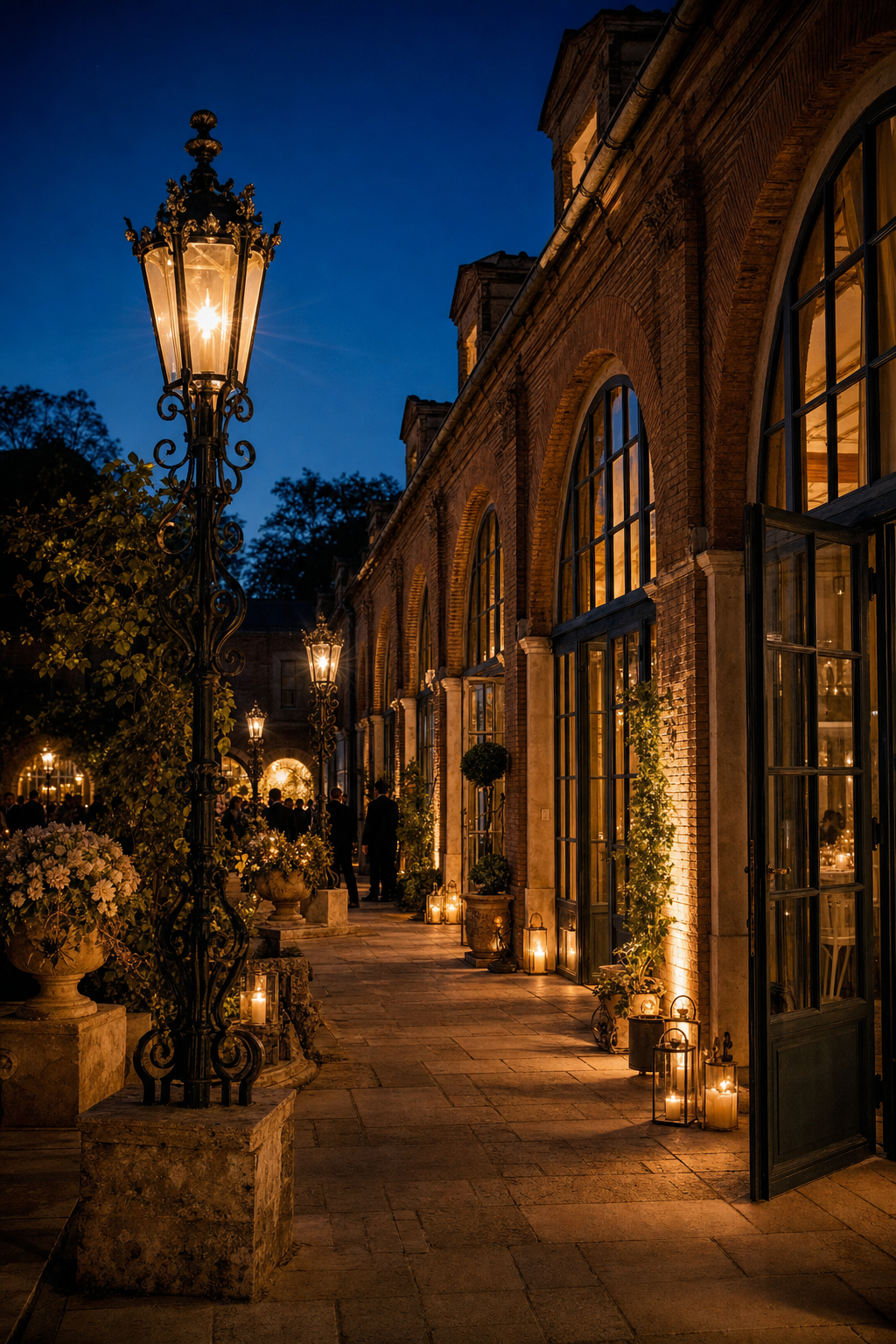 Placeholder: the courtyard at blue hour